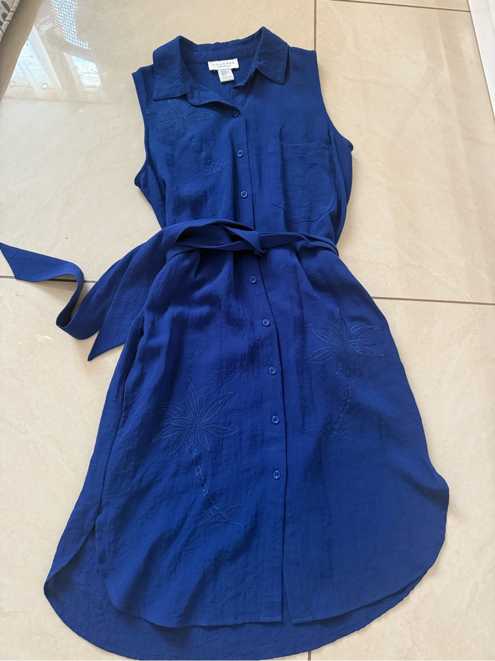 Calypso St. Barth Blue Anthropologie Shirt Dress Embroidered Palm Belted XS